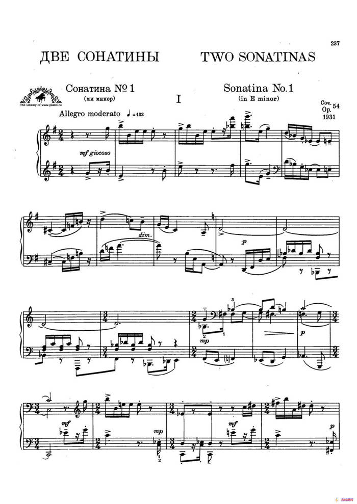 Two Sonatinas for Piano Op.54 No.1（2首钢琴小奏鸣曲·1）