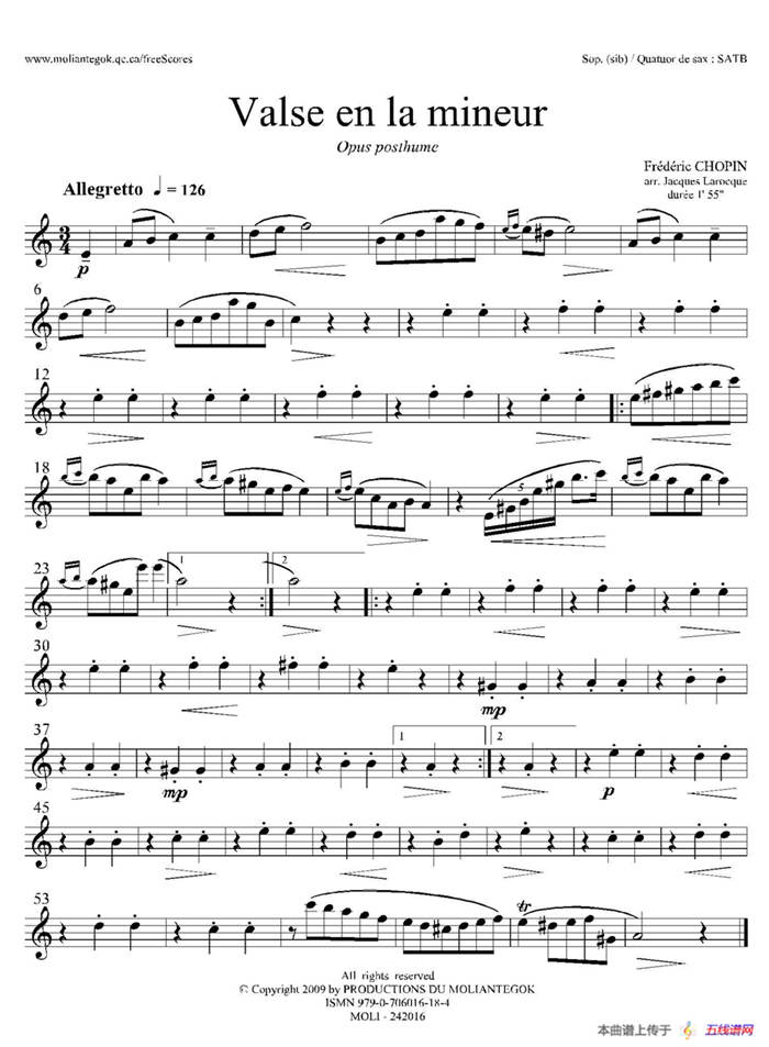 a小调圆舞曲 B.150（四重奏高音萨克斯分谱）