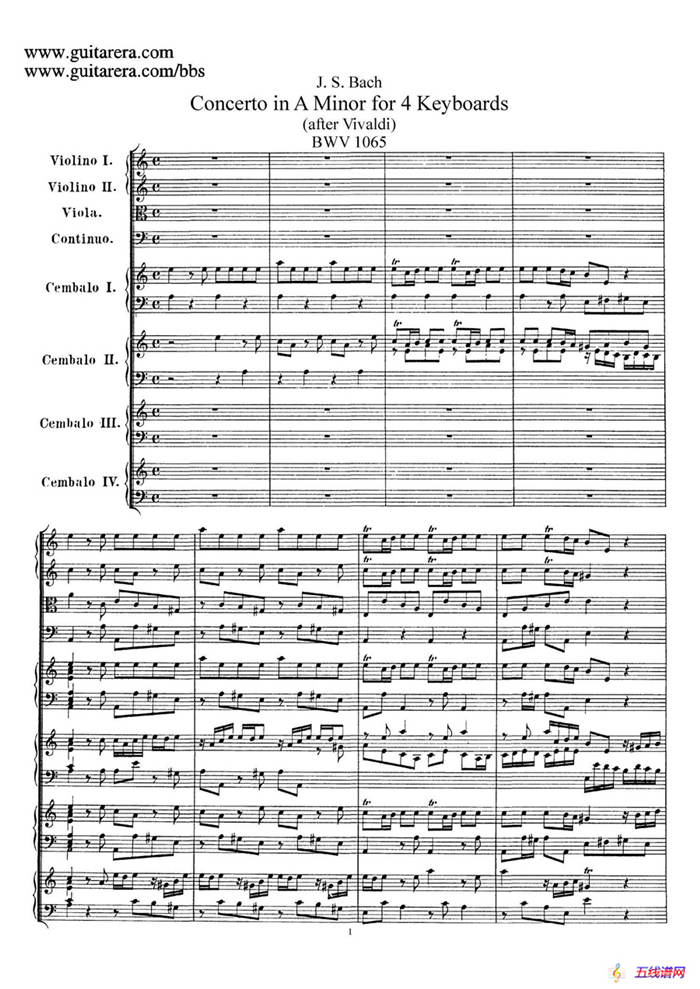 为四架古钢琴而作的a小调协奏曲 BWV 1065（总谱）