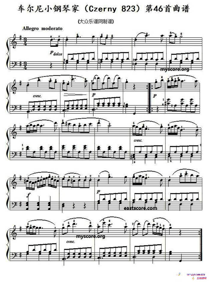 车尔尼《小钢琴家》（Czerny 823）第46首曲谱（曲谱及练习提示）