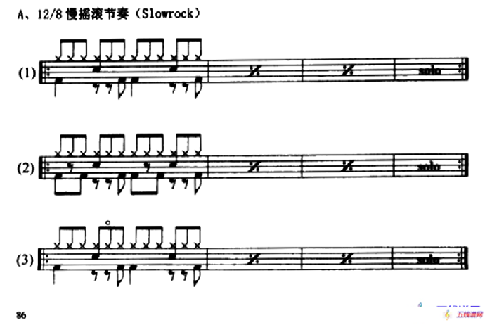 架子鼓12/8慢摇滚节奏型(Slowrock)练习（6条）